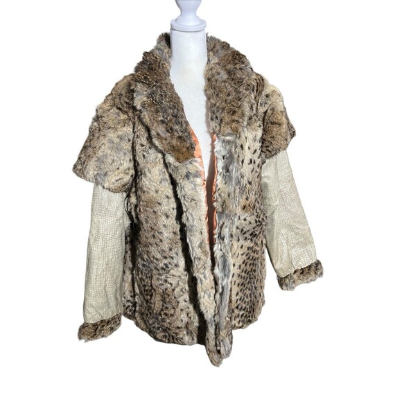 Vtg Leapord Print Rabbit Fur Coat w/ Leather Sleeves Detachable Coat/Vest Sz XL - Picture 1 of 16